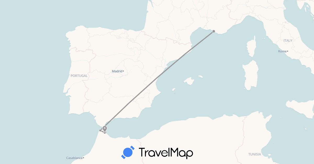 TravelMap itinerary: plane in Spain, France, Morocco (Africa, Europe)
